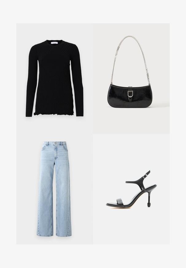 Rabanne Top s dlhým rukávom - black; Široké svetlomodré džíny z denimu s vysokým pásom, piatimi vreckami a vyblednutou textúrou. Obsahujú prešité detaily a rovný strih na leme.; Čierna kožená sandála na vysokom opätku s tenkými remienkami, otvorenou špičkou a nastaviteľnou prackou na členku, zobrazená na jednoduchom bielom pozadí.; Čierna lakovaná kožená kabelka na rameno so striebornou prackou a strieborným reťazovým remienkom, zobrazená na jednofarebnom svetlom pozadí.