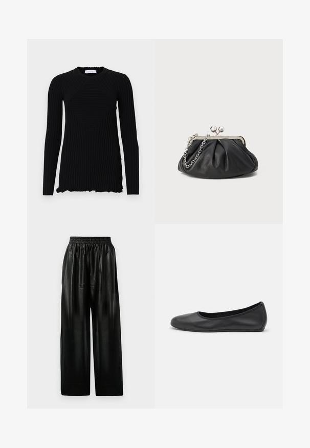 Rabanne Langarmshirt - black; Schwarze Leder-Hosen mit weitem Bein und elastischem Bund, ausgestattet mit zwei Seiten Taschen und einer glatten, glänzenden Oberfläche.; Schwarze Leder-Ballettschuhe mit abgerundeter Spitze, glatter Textur, minimalen Nähdetails und einem flexiblen Sohlen-Design.; Schwarze Leder-Clutch mit geraffter Textur, silberfarbener Metallrahmen, Druckverschluss und Kettenriemen. Glatte, weiche Oberfläche.