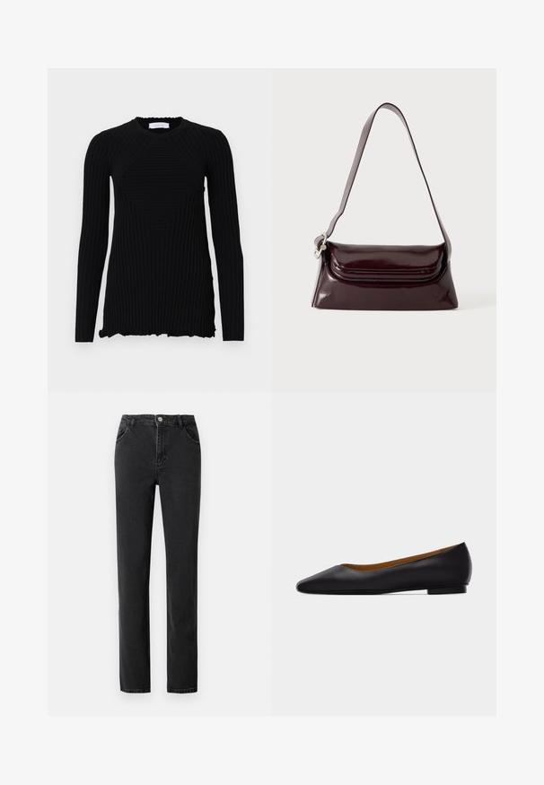 Rabanne Langarmshirt - black; Schwarze Jeans aus Denim mit hoher Taille, geradem Bein, fünf Taschen und einem Knopfverschluss aus Metall.; Schwarzer flacher Schuh aus Leder mit spitz zulaufender Vorderkappe, niedrigem Absatz und glatter Oberfläche, von der Seite vor einem hellgrauen Hintergrund dargestellt.; Dunkel bordeauxrote Leder-Schultertasche mit Klappenverschluss und einem schmalen verstellbaren Riemen, präsentiert auf einem schlichten hellen Hintergrund.