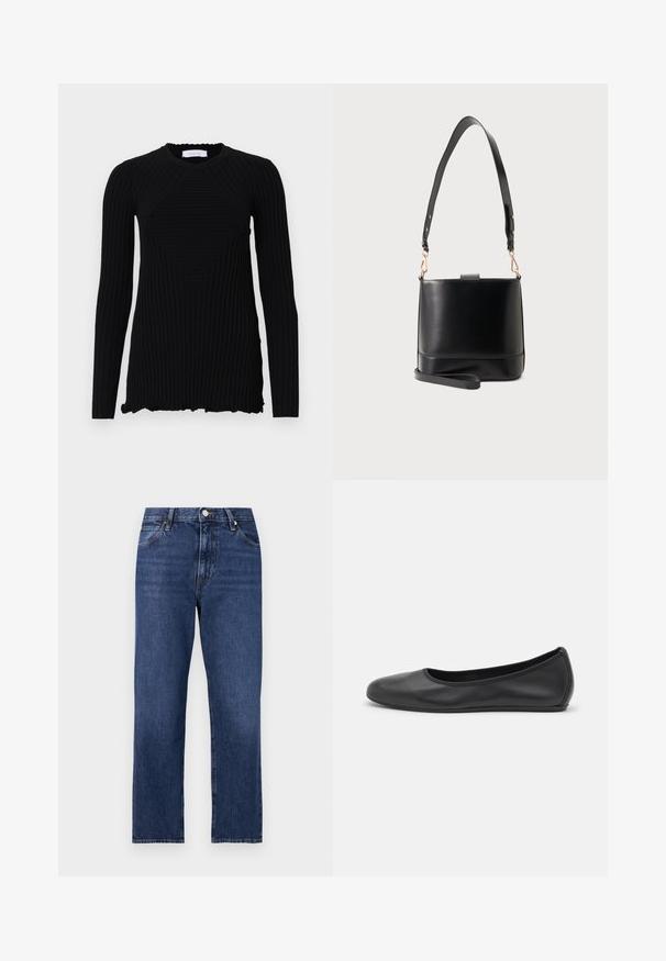 Rabanne Longsleeve - black; Denim jeans in een donkerblauwe wassing. Rechte pijpen met vijf-pocket stijl, sluiting met een knoop aan de voorkant en contrasterende stiksels.; Zwarte leren ballerina met een ronde neus, gladde textuur, minimale stikdetails en een flexibele zoolontwerp.; Zwarte leren bucketbag met brede verstelbare schouderriem en afneembare polsband op een lichtgrijze achtergrond.