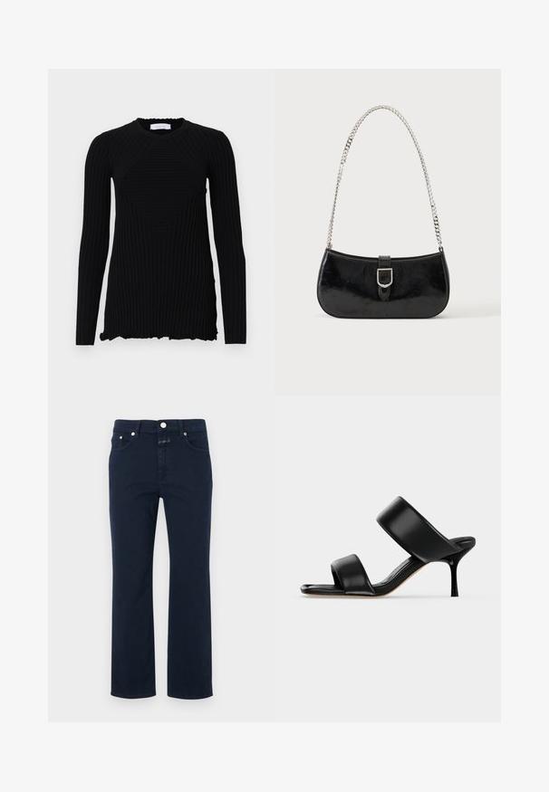 Rabanne Langarmshirt - black; Navyblaue Baumwolljeans im geraden Schnitt, mit fünf Taschen, Reißverschluss und Metallknopfverschluss. Glatte Textur mit Steppnähten.; Schwarze Leder-Mule-Sandale mit zwei breiten Riemen und einem schlanken, mittelhohen Stilettoabsatz auf einem schlichten hellen Hintergrund.; Schwarze Schultertasche aus Lackleder mit silberner Schnalle und silbernem Kettenriemen, auf hellem einfarbigen Hintergrund präsentiert.