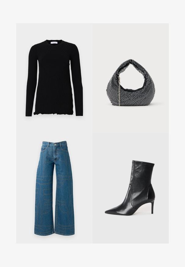 Rabanne Longsleeve - black; Wijde pijpen jeans in middelblauwe denim met contrasterende stiksels en meerdere zakontwerpen. Hoge taille met knoopsluiting.; Zwarte enkelboots van soepel leer, met een spitse neus, een aangesloten schacht en een slanke hoge hak. Minimalistisch ontwerp zonder zichtbare hardware.; Zwarte mesh handtas versierd met zilveren studs, met een gebogen handvat en een kettingschouderriem. Zachte textuur met een ronde vorm.