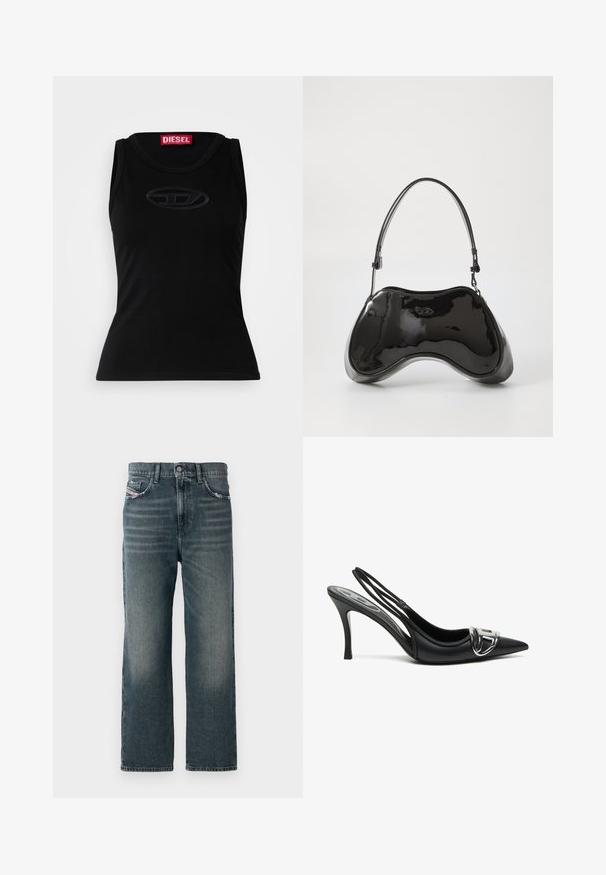 Sort ærmeløs tanktop lavet af blød bomuld, med et subtilt præget logo i midten og et rødt mærke i halsudskæringen.; Mørkeblå lige jeans med en falmet tekstur, fem-lomme design og en lille logodetalje på forsiden lommen.; Sorte slingback højhælede sko med spids tå, der har en skinnende sølvspænde detalje og en slank hæl. Glat lædertekstur, minimalistisk design.; Sort patentlæder håndtaske med en unik buet form, kort justerbar hank og en lynlåslukning i toppen. Glat tekstur med diskret branding.