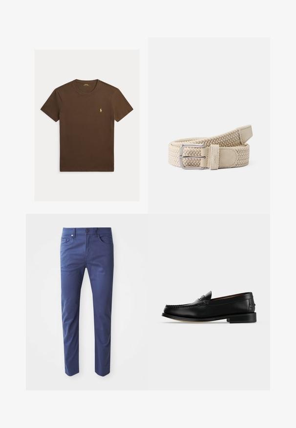 Braunes T-Shirt mit kurzen Ärmeln und Rundhalsausschnitt mit kleinem gelben Polo Ralph Lauren-Logo auf der linken Brust.; Marineblaue Baumwollhose mit schmalem Schnitt, Fünf-Taschen-Design und einem Knopfverschluss vorne. Glatte Textur mit dezenten Stichdetails.; Schwarzer Leder-Herrenschuh (Loafer) mit niedrigem Absatz und Mokassin-artiger Naht am Zehenbereich, seitlich auf einfarbigem Hintergrund dargestellt.; Wickelgürtel aus beigem elastischem Material mit einer silbernen Metallschnalle und Suede-Akzenten. Besitzt ein strukturiertes Muster.