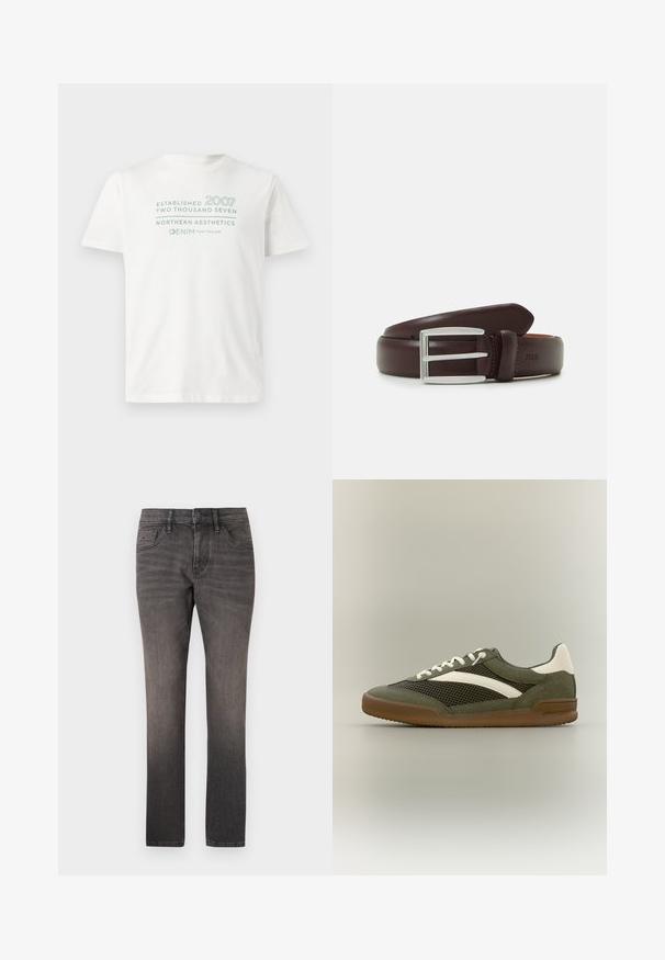 Hvid bomulds t-shirt med teksten "Etableret 2007" og "Northern Aesthetics" i lyseblå, med rund halsudskæring og korte ærmer.; TOM TAILOR JOSH - Jeans Straight Leg - used dark stone black denim; Lavprofil sneaker med olivengrønt mesh og ruskind, hvide læderdetaljer, hvide snørebånd og en brun gummisål, vist i sideprofil.; Brunt læderbælte med en sølv rektangulær spænde, som har en glat overflade og et klassisk design. "POLO" præget på læderet.