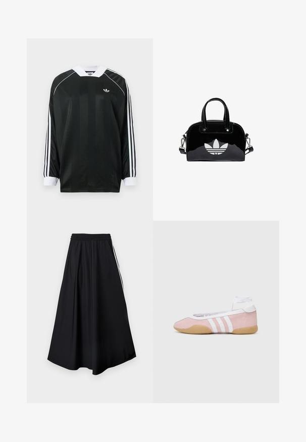 Camiseta negra de manga larga con escote en V, con rayas verticales, detalles en blanco y tres rayas blancas en cada manga. Pequeño logo en el pecho.; Pantalones negros de pierna ancha con cinturilla elástica y franjas blancas laterales, mostrados sobre un fondo blanco liso.; adidas Originals TAEKWONDO MEI BALLET - Zapatillas - clear pink/ftwr white/gum; Bolso de mano de charol negro con forma redondeada, dos asas en la parte superior, acentos plateados y un prominente logotipo blanco en la parte delantera.