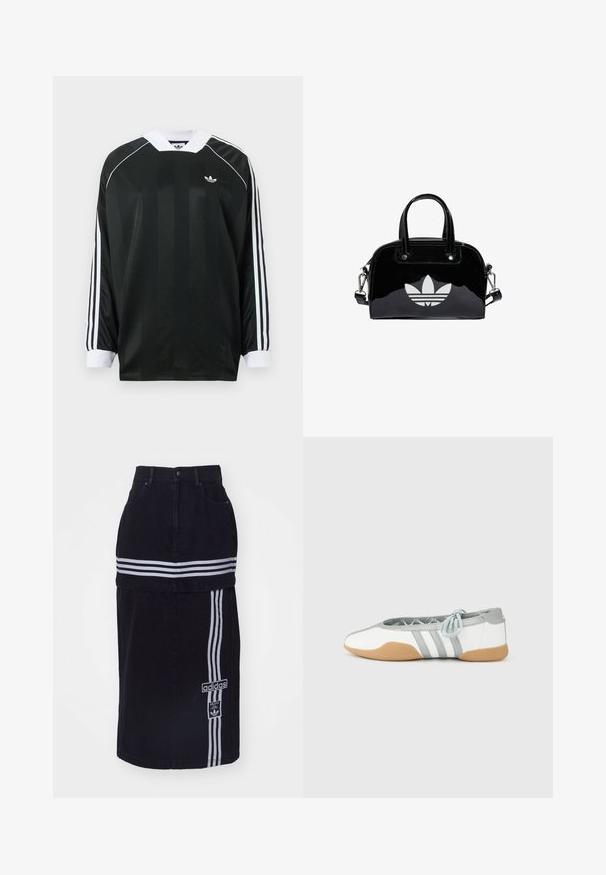 Sort langærmet skjorte med V-hals, med vertikale striber, hvide detaljer og tre hvide striber på hver ærme. Lille logo på brystet.; Sort denimnederdel med høj talje, der har to hvide vandrette striber, et Adidas-logo på siden og et lige snit.; Hvide og grå balletsko med rund tå og elastisk snøre, med tre grå striber og en beige gummisål.; Sort patentlæder håndtaske med rund form, to top-håndtag, sølvdetaljer og en fremtrædende hvid logo på fronten.
