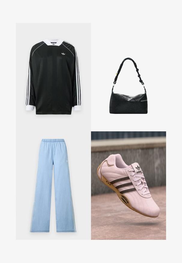 Zwart shirt met lange mouwen en een V-hals, met verticale strepen, witte accenten en drie witte strepen op elke mouw. Klein logo op de borst.; Lichtblauwe wijde broek met elastische tailleband en subtiel wit Adidas-logo aan de linkerkant.; Roze suède sportieve schoen met rubberen zool, voorzien van drie donkere strepen, veters, en het Adidas-logo op de tong. Rondneus ontwerp.; Zwarte lederen handtas met ingegraveerde bloemenpatronen, een geknoopte handgreep en een zilveren ritssluiting aan de zijkant.