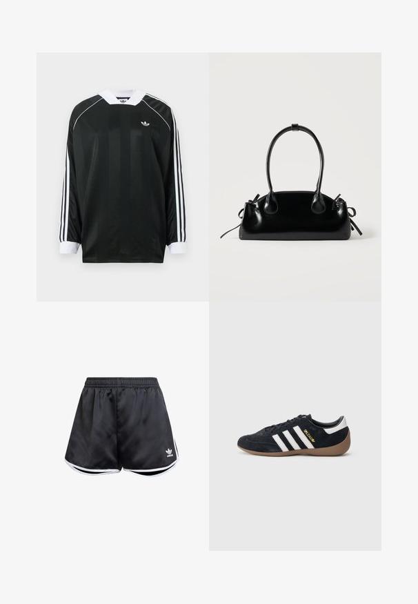 Zwart shirt met lange mouwen en een V-hals, met verticale strepen, witte accenten en drie witte strepen op elke mouw. Klein logo op de borst.; Zwarte sportshorts van glad synthetisch materiaal, met witte zijaccenten en een geborduurd logo op de linkerbenedenhoek.; Zwarte suède sneaker met drie witte strepen, een rubberen gumzool en een klein gouden logo aan de zijkant. Heeft een gladde zwarte binnenvoering.; Kleine zwarte glanzende handtas met twee lange hengsels en zijkant trekkoord details op een effen lichte achtergrond.