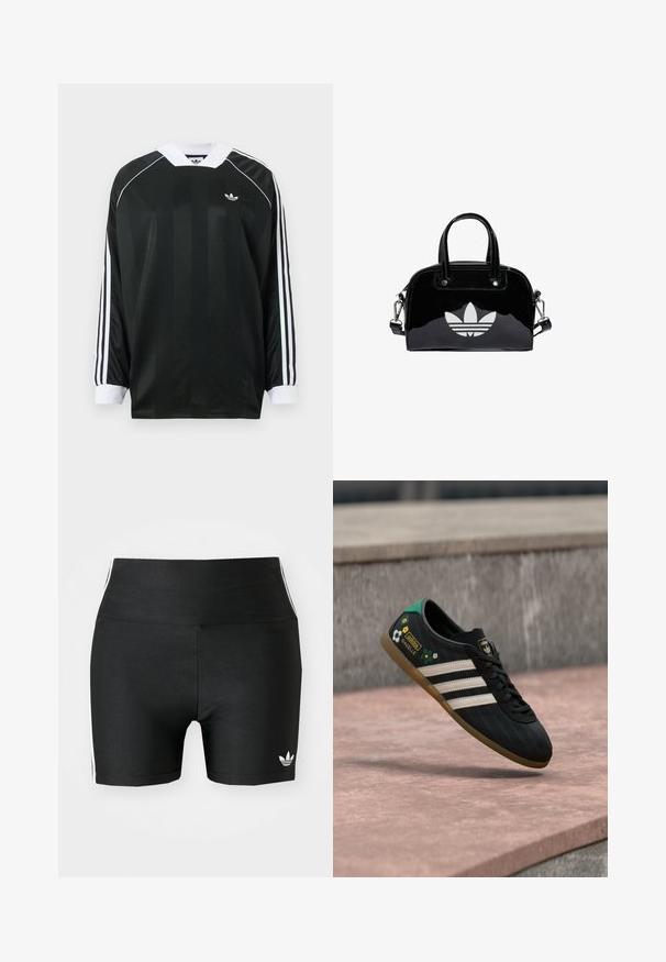 Sort langærmet skjorte med V-hals, med vertikale striber, hvide detaljer og tre hvide striber på hver ærme. Lille logo på brystet.; Sorte atletiske shorts i en strækbar kvalitet med høj talje. Har hvide side-striber og et lille hvidt logo ved sømmen.; Sort atletiksko med hvide striber, mønstret overdel med blomsterdetaljer og en grøn hæl. Gummisål, der giver godt greb.; Sort patentlæder håndtaske med rund form, to top-håndtag, sølvdetaljer og en fremtrædende hvid logo på fronten.