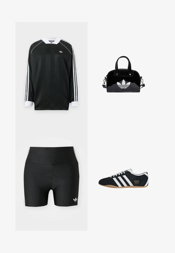 Camiseta negra de manga larga con escote en V, con rayas verticales, detalles en blanco y tres rayas blancas en cada manga. Pequeño logo en el pecho.; Pantalones cortos deportivos negros en una tela elástica con una cintura alta. Presentan franjas laterales blancas y un pequeño logo blanco en el dobladillo.; Zapatillas de ante negro con tres franjas blancas, logotipo dorado y suela de goma marrón. Presentan un diseño de cordones de perfil bajo.; Bolso de mano de charol negro con forma redondeada, dos asas en la parte superior, acentos plateados y un prominente logotipo blanco en la parte delantera.