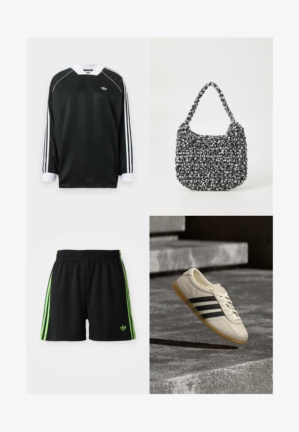 Schwarzes Langarmshirt mit V-Ausschnitt, verziert mit vertikalen Streifen, weißen Akzenten und drei weißen Streifen an jedem Ärmel. Kleines Logo auf der Brust.; Schwarze Sportshorts mit einem Kordelzugbund, die auf jeder Seite drei vertikale grüne Streifen und das grüne Adidas-Logo aufweisen.; Weißer Sneaker mit schwarzen Streifen und Gummisohle schwebt über Betontreppen im sanften Tageslicht.; Gewebte Handtasche in Schwarz und Weiß mit runder Form, strukturiertem Oberflächenfinish und geflochtener Grifffläche. Geeignet für den lässigen Gebrauch.