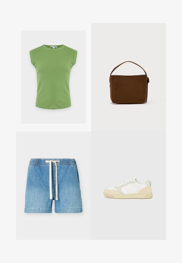 Haut tricoté vert côtelé sans manches avec encolure ronde, ourlet droit et rembourrage discret aux épaules.; Short en denim bleu clair avec taille élastique et cordon blanc, poches avant et ourlet droit.; Baskets blanches et beiges avec dessus en suède et textile, présentant des coutures contrastées, une semelle en caoutchouc et un accent bleu clair sur le talon.; Sac à épaule rectangulaire marron avec une large bandoulière et un détail de boucle, sur un fond blanc uni.