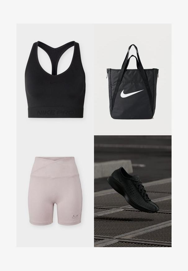 Μαύρο αθλητικό σουτιέν Nike Pro με σχεδιασμό racerback και ελαστική ταινία στο κάτω μέρος, διακοσμημένο διακριτικά με το λογότυπο και τη σήμανση της Nike.; Υψηλόμεσο, ανοιχτό μοβ στενό σορτς με λεπτομέρεια σταυρωτής ζώνης και μικρό λογότυπο της Nike στο κάτω αριστερό πόδι.; Μαύρο αθλητικό παπούτσι με διάτρητο επάνω μέρος, στρογγυλή μύτη και μινιμαλιστικό σχέδιο. Διαθέτει επίπεδα κορδόνια και ανθεκτική σόλα για άνεση.; Μαύρη tote τσάντα από νάιλον με δύο λουριά ώμου, διαθέτει μεγάλο λευκό λογότυπο Nike, κλείσιμο με φερμουάρ και κομψό ορθογώνιο σχεδιασμό.