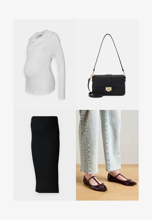 Hvid langærmet graviditetsbluse med en cowl-udskæring, lavet af blødt, strækbart stof; tætsiddende design fremhæver en babybu.; Sort ribbet strik midi-nederdel med en tætsiddende silhuet og en bred taljeelastik. Glat tekstur, ingen synlige mønstre eller accenter.; Blanke bordeauxrøde balletflade sko med T-rem, der har en sløjfedetalje ved tåen. Kombination med cropped lyseblå denimjeans.; Sort faux læder skuldertaske med rektangulær form, guld hardware, magnetlås og aftagelig rem. Tekstureret overflade.