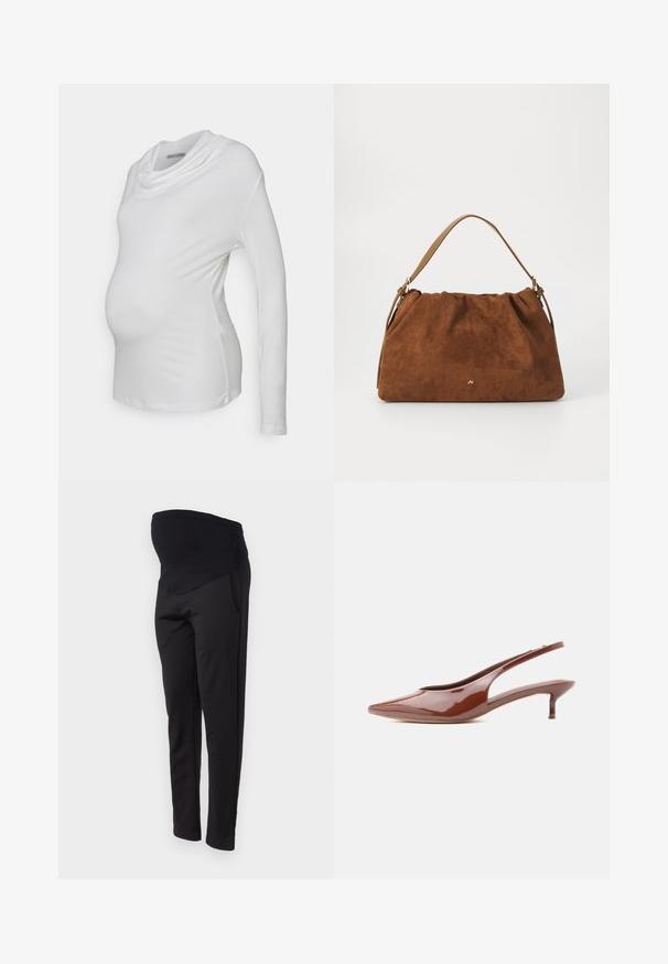 Hvid langærmet graviditetsbluse med en cowl-udskæring, lavet af blødt, strækbart stof; tætsiddende design fremhæver en babybu.; ONLY MATERNITY OLMGISELEA - Bukser - black; Blank brun slingback kitten heel med spids tå og lav, slank hæl på hvid baggrund.; Brun ruskind handbag med en samlet design, der har en enkelt tan læderstrop og en subtil guld logo detalje på fronten.