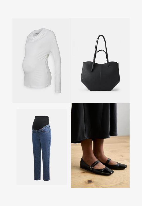 Hvid langærmet graviditetsbluse med en cowl-udskæring, lavet af blødt, strækbart stof; tætsiddende design fremhæver en babybu.; Graviditetsjeans med ben i blå denim og en sort strækbare abdominalpanel designet til at støtte og dække en voksende mave.; Sorte laklæder flade sko med firkantet tå, der har to stropper med spænder. Sålerne er flade på et lyst trægulv.; Sort tote taske med glat, struktureret læder, afrundet top og to lange håndtag. Har en vinkelret bund for stabilitet og et struktureret design.