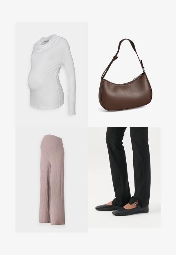 Blusa de maternidad blanca de manga larga con escote tipo cowl, hecha de una tela suave y elástica; el diseño ajustado resalta la barriga del bebé.; Pantalones de pierna ancha de color rosa claro, acanalados, con una cinturilla sin costuras, que presentan un tejido suave y texturizado y una silueta relajada.; Piernas con pantalones ajustados negros con aberturas frontales en el dobladillo, combinados con zapatos planos Mary Jane negros con una pequeña correa con hebilla.; Pequeño bolso bandolera de cuero marrón con correa ajustable y cierre de cremallera, mostrado sobre un fondo blanco. Sin logotipos ni adornos visibles.