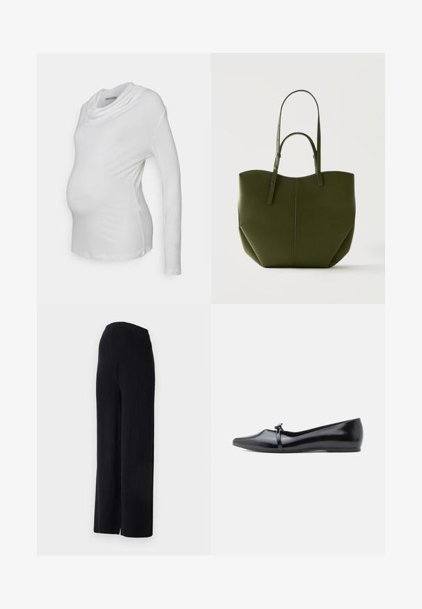 Haut de maternité blanc à manches longues avec un col drapé, fabriqué en tissu doux et extensible ; sa coupe ajustée met en valeur le ventre arrondi.; Even&Odd Maternity by Zalando FULL LENGTH WIDE RIB PANTS M-EV4_SS22_2-1-A_011 - Wide Leg - black; Ballerine en cuir verni noir avec bout pointu, bride décorative et texture lisse. Design minimaliste sans accents visibles.; Sac cabas vert olive avec deux longues anses, corps structuré, lignes épurées et texture lisse sur un fond clair uni.