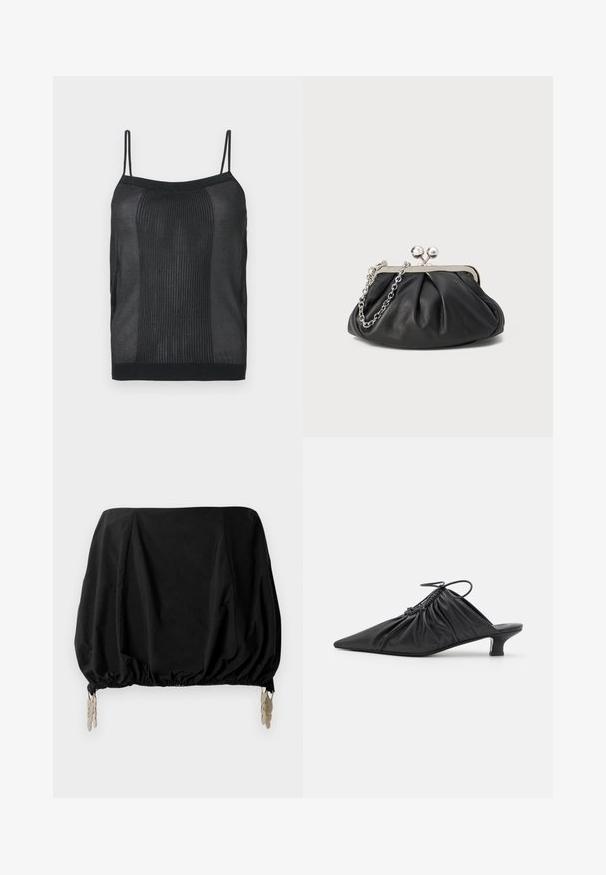 Sort ærmeløs ribstrikket camisole med tynde skulderstropper og en lige halsudskæring på en neutral baggrund.; Sort cropped top med en samlede design, med elastisk kant og metalliske clips som detaljer. Fremstillet af et letvægtsstof.; Sorte læder slip-on mules med spids tå, samlet tekstur og en lille kitten heel. Har en snor-detalje ved åbningen.; Sort læder clutch med samlet tekstur, sølvfarvet metalramme, kys-lås lukning og kædestrop. Glat, blød overflade.