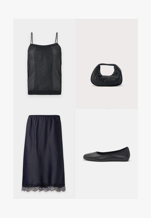 Camisole noire sans manches en maille côtelée avec fines bretelles et encolure droite sur fond neutre.; Jupe mi-slip en satin noir avec ceinture élastique et bordure en dentelle à l’ourlet sur un fond uni.; Ballerines en cuir noir avec un bout rond, texture lisse, détails de couture minimalistes et design de semelle flexible.; Sac hobo tissé noir avec une structure souple et une poignée intégrée, présenté sur un fond clair uni.