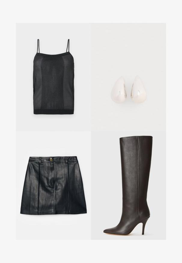 Zwarte mouwloze geribbelde gebreide camisole met dunne schouderbandjes en een rechte halslijn op een neutrale achtergrond.; AERON RUDENS SKIRT - A-lijn rok - black; Zwarte leren kniehoog laars met een spitse neus, strak ontwerp en een dunne hoge hak. Gladde textuur en minimale detaillering.; Zilveren metalen druppeloorbellen met een gladde, reflecterende oppervlakte en een druppelvorm, voorzien van een naadloos ontwerp en zonder zichtbare versieringen.
