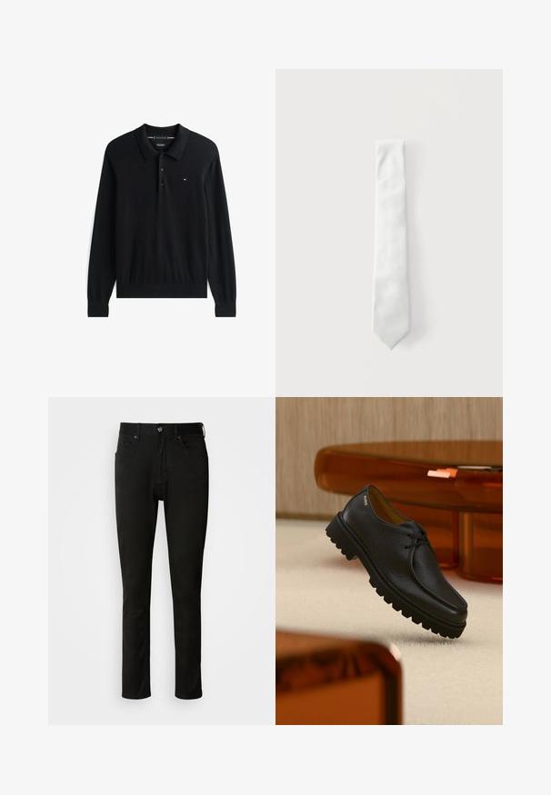 Schwarzes Langarm-Polohemd aus weichem Stoff, mit klassischem Kragen, Knopfleiste mit drei Knöpfen und kleinem Logo auf der Brust.; Schwarze Slim-Fit-Jeans aus Denim-Stoff, mit Vordertaschen, einem Knopfverschluss und Nahtakzenten, mit einer glatten Textur.; Schwarzer, strukturierter Leder-Schnürschuh mit dicker, profilierter Sohle, mit dem Markenschriftzug "HUGO" nahe der Ferse, präsentiert vor einem beigen Teppich und bernsteinfarbenen Möbeln.; Schlichte weiße Krawatte mit einem dezenten strukturierten Muster, flach auf einem weißen Hintergrund präsentiert.