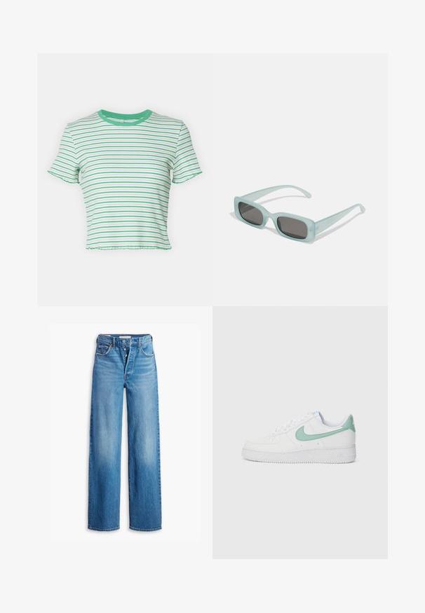 ONLY ONLMETTI BOX - Camiseta estampada - deep mint/blues; Vaqueros de mezclilla azul con una cintura alta, diseño de pierna ancha y estilo de cinco bolsillos. Presenta una cremallera de botón y un acabado deslavado.; Zapatillas de cuero blancas con un swoosh de Nike y una lengüeta en verde menta, suela texturizada y diseño clásico de cordones.; Un par de gafas de sol rectangulares con montura translucida azul clara y lentes gris oscuro, que cuentan con patillas rectas y detalles de hardware mínimos.