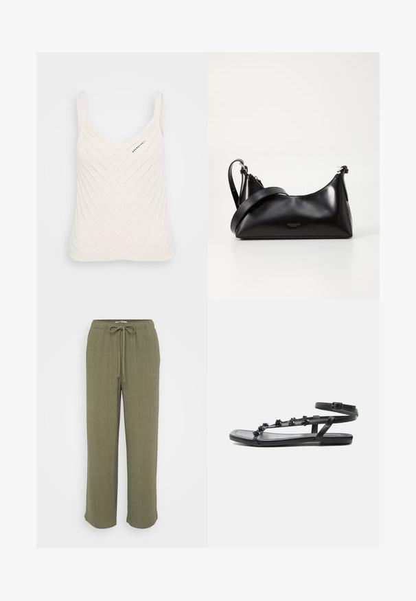 Débardeur en tricot blanc avec un col en V, présentant un motif en chevrons et des bretelles fines. La texture est légère et aérienne.; ONLY Petite ONLSIESTA PULL UP - Pantalon classique - deep lichen green; Sandale plate noire avec bride à la cheville et petites décorations florales sur de fines brides devant, vue de côté sur fond blanc.; Sac à main en cuir noir avec une texture lisse. Dispose d'une bandoulière adjustable et d'un design élégant et minimaliste avec une fermeture éclair.