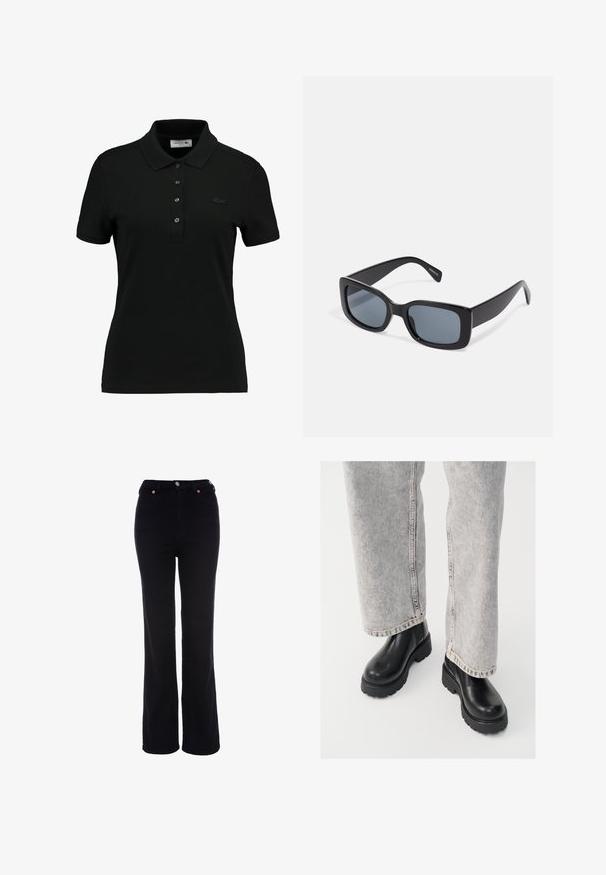 Zwarte polo shirt van katoen, met een kraag, een drie-knopen sluiting en een klein geborduurd logo op de borst. Korte mouwen.; Zwarte, hooggetailleerde rechte broek met knoop- en ritssluiting, riemlussen en voorzakken.; Vagabond COSMO - Enkellaarsjes met plateauzool - black; Zwarte rechthoekige zonnebril met donkere getinte lenzen, een dik plastic montuur en brede scharnieren. Glad oppervlak en hoekig ontwerp.