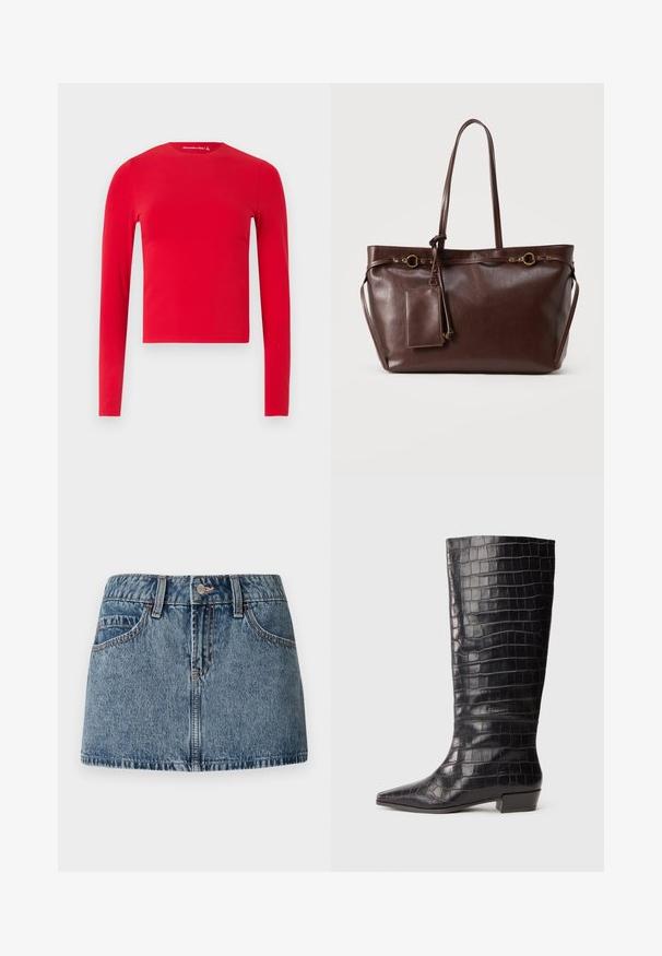 Rød langærmet tætsiddende crop top med rund hals og glat tekstur, vist mod en ensartet lys baggrund.; Denim mini nederdel i middelblå vask, med en tætsiddende talje, forlommer og subtile syninger. Glat, struktureret stoffinish.; Sorte læder knæhøje støvler med krokodilleskindsstruktur, spids tå og lav blokhælar. Har subtil branding nær anklen.; Mørkebrun lædertaske med to lange håndtag, dekorative guldringe og fastgjort rektangulær pung med lynlås.