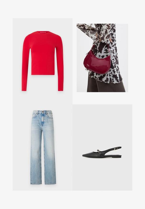 Κόκκινο crop top με μακριά μανίκια, εφαρμοστό, με στρογγυλή λαιμόκοψη και απαλή υφή, σε απλό ανοιχτό φόντο.; Ανοιχτό μπλε τζην παντελόνι σε ίσια γραμμή, κατασκευασμένο από τζην ύφασμα, με ψηλή μέση, διακριτική ασάφεια και παραδοσιακό σχέδιο πέντε τσεπών με αντίθεση ραφής.; Μαύρα δερμάτινα παπούτσια με λουράκι πίσω, μυτερή μύτη, με λεπτό λουράκι και ασημένια αγκράφα στο πλάι. Φλατ σόλα.; Γυναίκα που φοράει μια μπλούζα με μαύρο-άσπρο μοτίβο κρατάει μια γυαλιστερή κόκκινη τσάντα ώμου σε απλό φόντο.