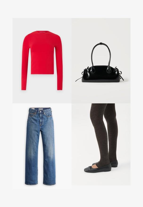 Haut court rouge à manches longues, col rond ajusté, avec une texture lisse, présenté sur un fond clair uni.; Jean en denim bleu clair avec une taille haute, une coupe à jambes larges, un style classique à cinq poches et un léger délavage sur le tissu.; Jambes portant des leggings côtelés foncés associés à des ballerines noires avec de petits détails en nœud sur fond blanc.; Petit sac à main noir brillant avec deux longues anses et des détails à cordon sur les côtés sur un fond clair uni.