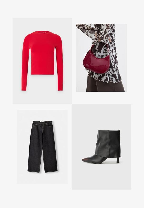 Rød langærmet tætsiddende crop top med rund hals og glat tekstur, vist mod en ensartet lys baggrund.; Sorte vidde bukser i denim med forlommer og sølvfarvet knaplukning, lagt fladt på en lysegrå baggrund.; Sort ankelstøvle lavet af glat læder med spids tå og tilspidset hæl. Overdelen har et let rynket design.; Kvinde iført en sort- og hvidmønstret bluse, der holder en blank rød skuldertaske mod en ensfarvet baggrund.