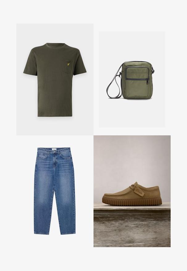 Olijfgroene katoenen T-shirt met een ronde hals, korte mouwen en een linkse borstzak met een klein geel logo. Soepele textuur.; Blauwe denim jeans met een hoge taille, rechte pijpen en een vervaagde afwerking. Beschikt over vijf zakken en een knoopsluiting.; Lichtbruine suède schoenen met een ronde neus, gestikte details en een geribbeld bruine rubberen zool. Bevat een zijlabel met het "Clarks" logo.; Olijf groene schoudertas met een gladde textuur, voorzien van een voorvak met rits en een verstelbare band. Gemaakt van duurzaam nylon materiaal.