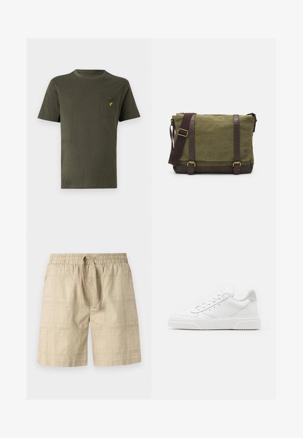 T-shirt en coton vert olive avec un col rond, des manches courtes et une poche sur la poitrine gauche ornée d'un petit logo jaune. Texture lisse.; Shorts beiges en tissu léger avec taille élastique et cordon de serrage, arborant un motif de grille subtil et une coupe droite.; Des baskets en cuir blanc avec une finition lisse, un bout rond, des lacets plats et une semelle texturée. Accents en daim gris au niveau du talon.; Sac messager en tissu vert avec des accents en cuir marron, un rabat à l'avant, une bandoulière réglable et une fermeture à glissière sur le dessus. Caractéristiques en métal doré.