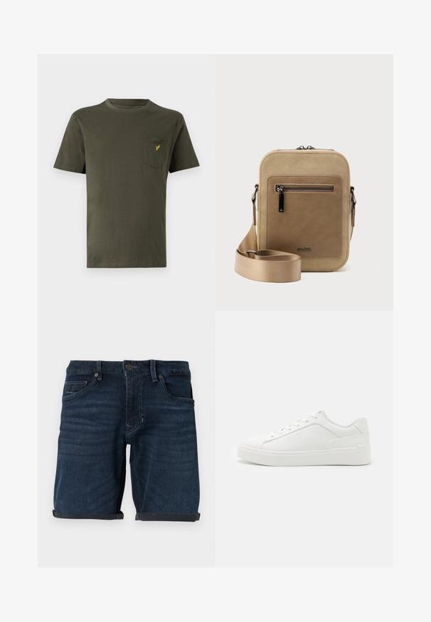Olijfgroene katoenen T-shirt met een ronde hals, korte mouwen en een linkse borstzak met een klein geel logo. Soepele textuur.; Donkerblauwe denimshorts met opgerolde mouwen, voorzien van voorzakken, een knoopsluiting en een merkelabel op de achterzak.; Witte lage sneakers van glad leer, met een ronde neus, platte zolen en subtiele branding aan de zijkant.; Kleine beige crossbodytas met een voorvak met ritssluiting, metalen ALDO-logo, verstelbare brede band en afgeronde rechthoekige vorm op een witte achtergrond.