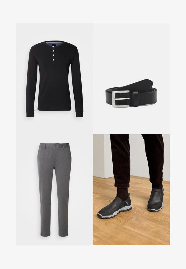 Schwarzes Langarmshirt aus weichem Stoff, mit Rundhalsausschnitt, Knopfblende mit weißen Knöpfen und eng anliegenden Manschetten.; Graue, maßgeschneiderte Hose aus weichem Stoff mit glatter Textur, vorderen Taschen und einem einzelnen Knopfverschluss am Bund.; Schwarze Slipper aus strukturiertem Leder mit grauer Gummisohle, auf einem Holzfußboden und zu einer Cordhose arrangiert.; Schwarzer Leder Gürtel mit glatter Textur, silberner rechteckiger Schnalle und einer Schlaufe für das Ende. Verfügt über eine saubere Naht entlang der Kanten.