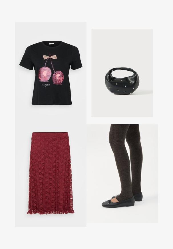 Sort kortærmet t-shirt i sort med et grafik af to pink kirsebær med en sløjfe og teksten "La cerise sur le gâteau" i hvid.; Bordeaux blonderet nederdel med blomster mønster, semi-gennemsigtigt stof og en volangkant. En stræk talje sørger for komfort og fleksibilitet.; Ben iført mørke ribbede leggings kombineret med sorte balletsko med små sløjfedetaljer på hvid baggrund.; Sort læderhåndtaske med en rundet form, dekoreret med sølvnitter, og et kort håndtag. Glat tekstur og lynlåslukning.