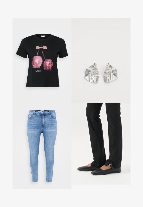 Sort kortærmet t-shirt i sort med et grafik af to pink kirsebær med en sløjfe og teksten "La cerise sur le gâteau" i hvid.; Lysblå skinny jeans lavet af denim, med høj talje, fem-lomme design og let falmning langs lårene.; Ben iført sorte smalle bukser med forreste slidser ved kanten, parret med sorte flade Mary Jane-sko med lille spænde.; Sølvmetal øreringe med et bølgende, skulpturelt design, der har en poleret overflade og uregelmæssige former, hvilket fremhæver en moderne æstetik.