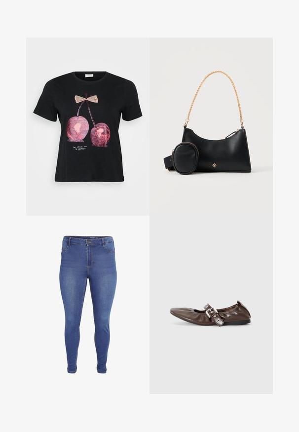 Zwarte t-shirt met korte mouwen, versierd met een afbeelding van twee roze kersen met een strik, en de tekst "La cerise sur le gâteau" in het wit.; Blauwe skinny jeans met voorzakken, lussen voor een riem, knoopsluiting en lichte vervaging op de dijen en knieën.; Bruine gepatineerde leren ballerina met een spitse neus, elastische strikdetail en een zilveren gespaccent aan de zijkant. Zwarte rubberen zool.; Zwarte leren handtas met kleine aangehechte pouch en gouden kettingriem op een effen lichte achtergrond.
