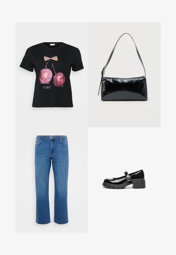 Zwarte t-shirt met korte mouwen, versierd met een afbeelding van twee roze kersen met een strik, en de tekst "La cerise sur le gâteau" in het wit.; Blauwe denim jeans met een rechte pijp, voorzien van een knoopsluiting, een klassiek vijf-pocketdesign en een subtiele vervaging op de dijen.; Zwarte gepatineerde leren Mary Jane-schoen met een chunky hak, ronde neus en een bandje met een hartvormige gesp.; Zwarte rechthoekige schoudertas met een enkele verstelbare band en een bovenste ritssluiting op een effen achtergrond.