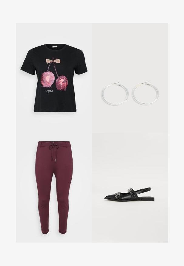 Camiseta negra de manga corta que presenta un gráfico de dos cerezas rosas con un lazo, y el texto "La cerise sur le gâteau" en blanco.; Pantalones elásticos burdeos con cintura ajustable, que presentan un diseño ajustado y piernas ceñidas, exhibidos sobre un fondo blanco.; Even&Odd by Zalando Bailarinas con tira trasera - black; Pareja de pendientes de aro plateados brillantes con cierres de alambre delgado, mostrados sobre un fondo gris claro.