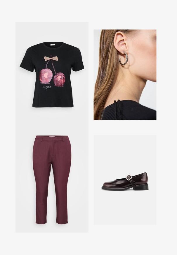 Sort kortærmet t-shirt i sort med et grafik af to pink kirsebær med en sløjfe og teksten "La cerise sur le gâteau" i hvid.; Marron skræddersyede bukser lavet af tekstureret stof, der har flad front, bæltestropper og tætsiddende ben med en cropped længde.; En enkelt blank mørk burgunder Mary Jane sko med bred rem og sølvspænde, lav blokhæle og rundet tå på hvid baggrund.; Sølv hoop ørestik med en poleret overflade, prydet med små guld accenter og en rund form, båret på øreflippen.