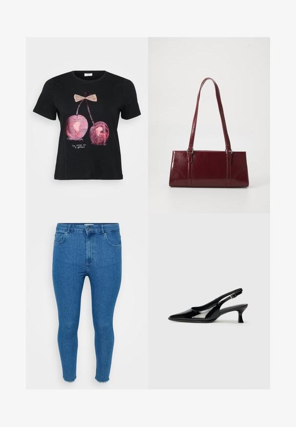 Sort kortærmet t-shirt i sort med et grafik af to pink kirsebær med en sløjfe og teksten "La cerise sur le gâteau" i hvid.; Smal blå denimjeans med høj talje, fem-lommer-design og rå kant. Materialet ser glat ud med let falmning på lårene.; Sorte patenterede slingback-sko med spidse tæer og lav blokhæl. Justerbar spænde-rem ved anklen.; Bordeaux håndtaske lavet af glansfuldt materiale, rektangulær form, med to skulderremme og subtile buede detaljer på forsiden.