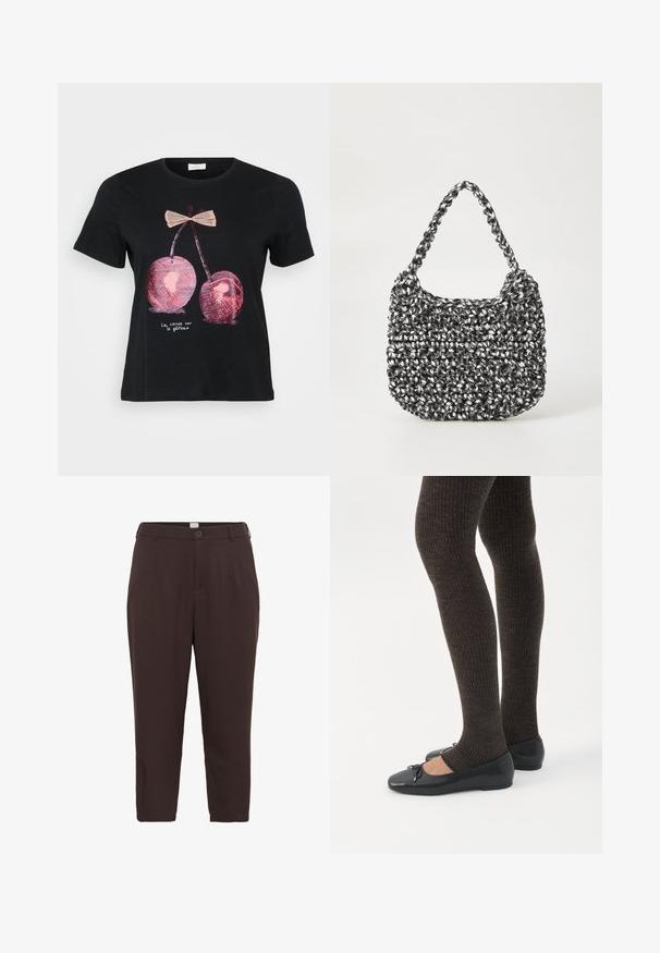 T-shirt noir à manches courtes avec un motif de deux cerises roses ornées d'un nœud, et le texte "La cerise sur le gâteau" en blanc.; Pantalons marron, jusqu'aux genoux, en tissu tissé lisse, dotés d'une fermeture à bouton et de deux poches latérales pour plus de commodité.; Jambes portant des leggings côtelés foncés associés à des ballerines noires avec de petits détails en nœud sur fond blanc.; Sac en osier noir et blanc de forme arrondie, avec une surface texturée et une poignée tressée. Convient à un usage décontracté.
