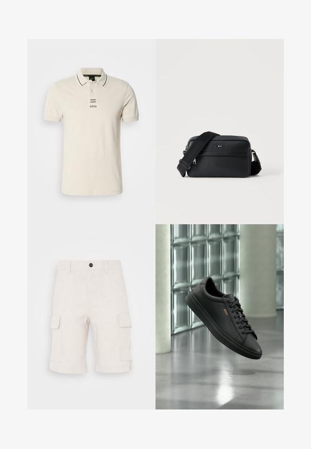 Beige lühikeste varrukatega puuvillane polo särk, millel on klassikaline krae, kaks nööpi ja must logo, mille all on kaks musta triipu.; Beez värvi cargo lühikesed püksid, mis on valmistatud kerge kangaga, kahte küljetaskut ja volditud äärtuga. Nööp sulgemine vyöl.; Mustad madala säärega nahast tennised mustade paelte ja kuldse BOSS logo külgedel, hõljuvad läikiva halli põranda kohal moodsas siseruumis.; Mustast tekstuuriga nahast ristkere kott esiküljel lukuga tasku ja reguleeritava laia kangast õlarihmaga valgel taustal.