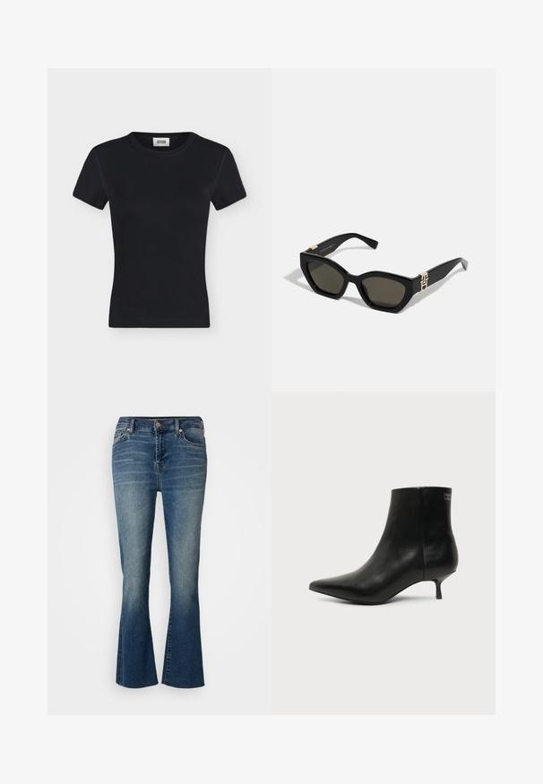 Zwart geribd gebreid T-shirt met korte mouwen, ronde halslijn en merkembleem binnenin de kraag genaaid, afgebeeld op een effen lichtgrijze achtergrond.; Denim flare jeans in een medium blauwe was, met een hoge taille, vijf zakken en subtiele wassing aan de voorkant.; Zwart leren enkellaars met puntige neus en lage kittenhak op lichte achtergrond, zijaanzicht buitenkant.; Tommy Hilfiger Zonnebril - black