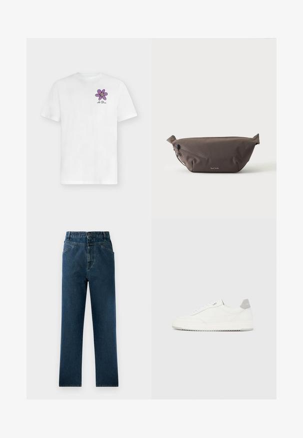 T-shirt blanc à manches courtes avec une petite fleur violette et le texte "Les Deux" sur la poitrine gauche.; Jean droit en denim bleu foncé avec taille haute, comprenant des poches avant et une fermeture à bouton. Tissu texturé avec un léger dégradé.; Baskets basses blanches avec un onglet de talon gris, des lacets blancs et une semelle texturée, présentées sur un fond uni clair.; Sac banane en tissu marron foncé avec poche zippée en diagonale et petit logo blanc sur le devant, sur un fond clair uni.