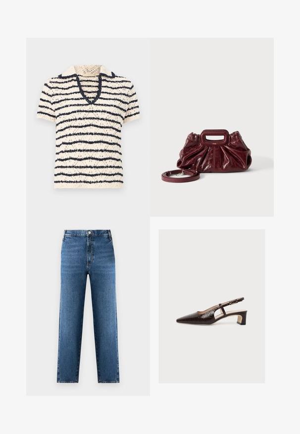 Haut en crochet crème à manches courtes avec des rayures horizontales bleu marine et un col en V.; Jean droit bleu à taille haute, fabriqué en denim. Présente une fermeture à bouton et zip à l'avant, avec un léger délavage sur le tissu.; Escarpin slingback marron à bout pointu avec talon bloc bas, motif crocodile, découpe latérale et bride à boucle réglable, présenté sur fond blanc.; Petit sac à main en cuir rouge foncé avec texture froncée, poignée rectangulaire découpée pour la main et bandoulière détachable sur fond blanc.